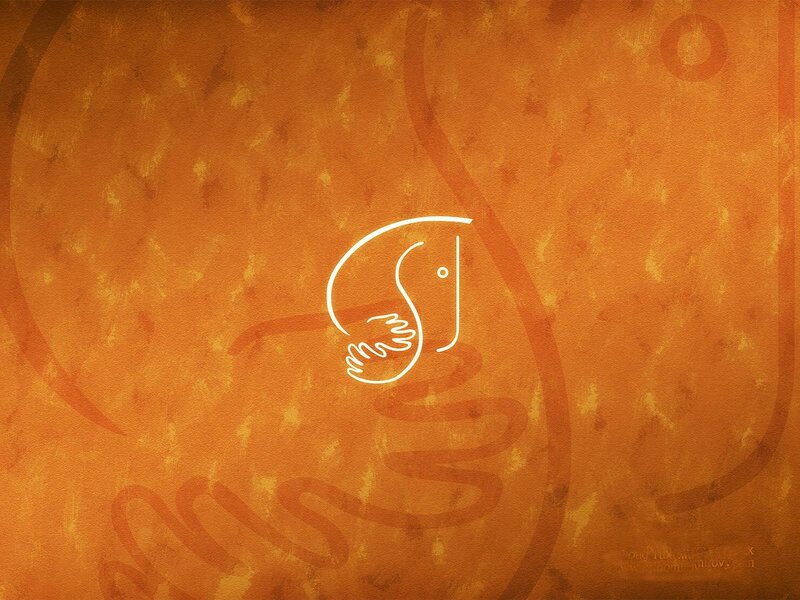 abstract orange artwork with logo