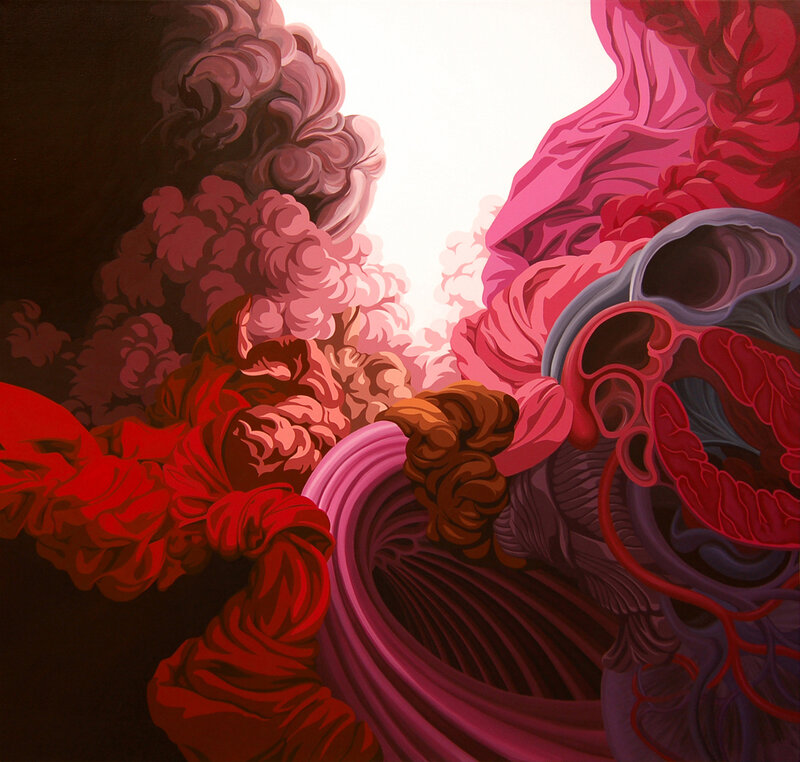 Abstract organic forms in red and pink