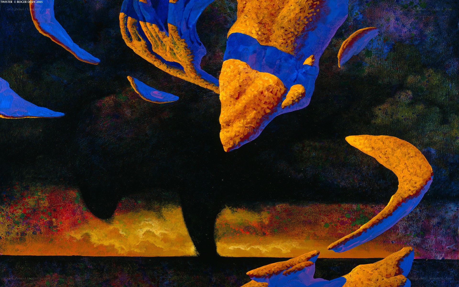 Abstract painting with blue and gold forms