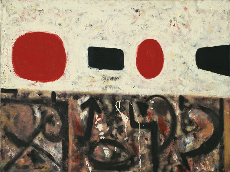 Abstract painting with red and black shapes