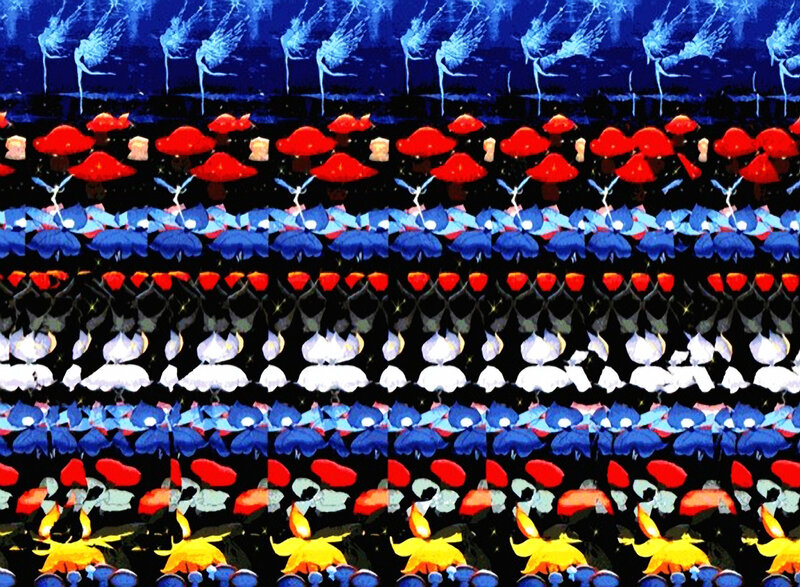 Abstract pattern with dancers and mushrooms