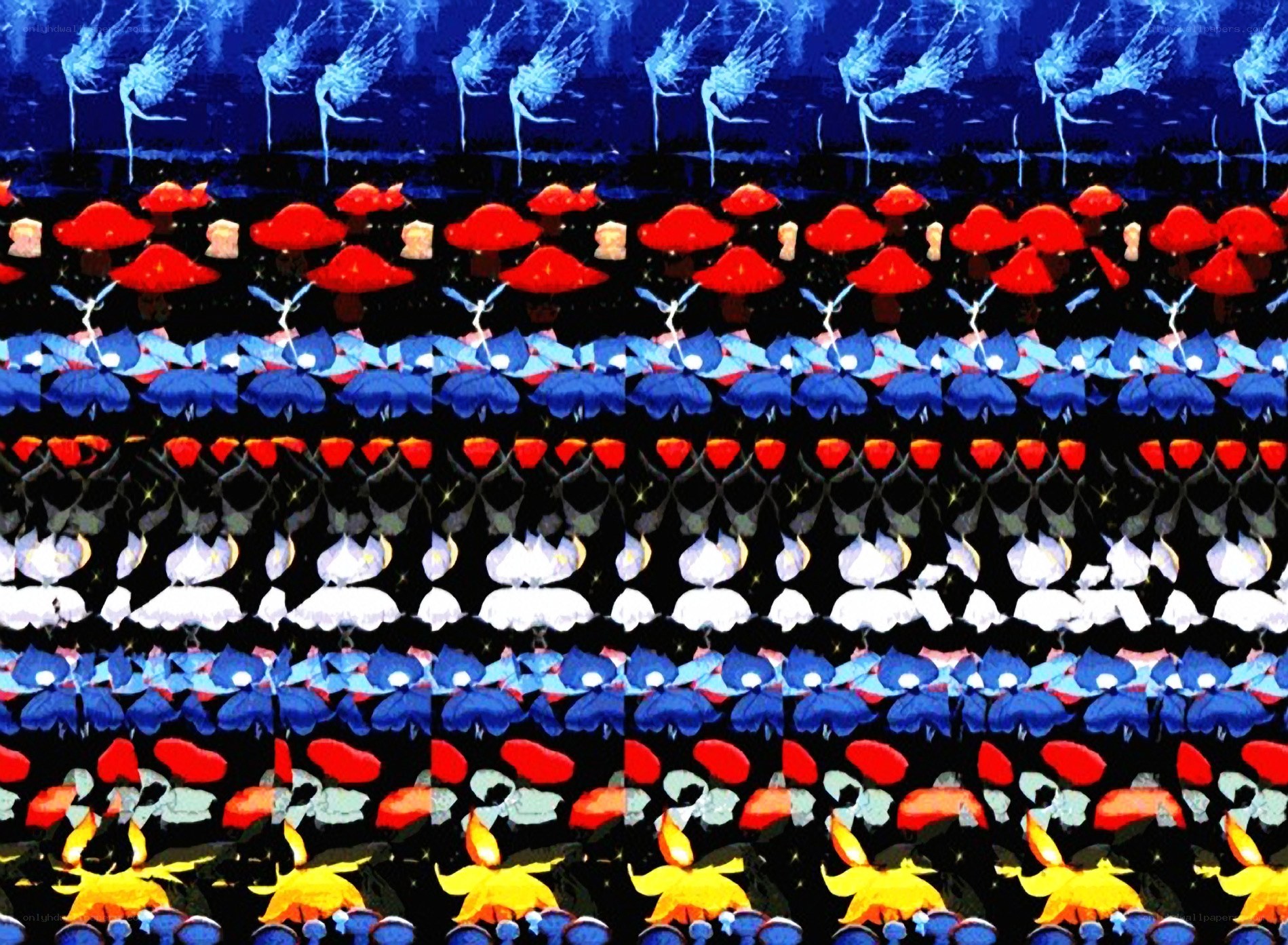 Abstract pattern with dancers and mushrooms