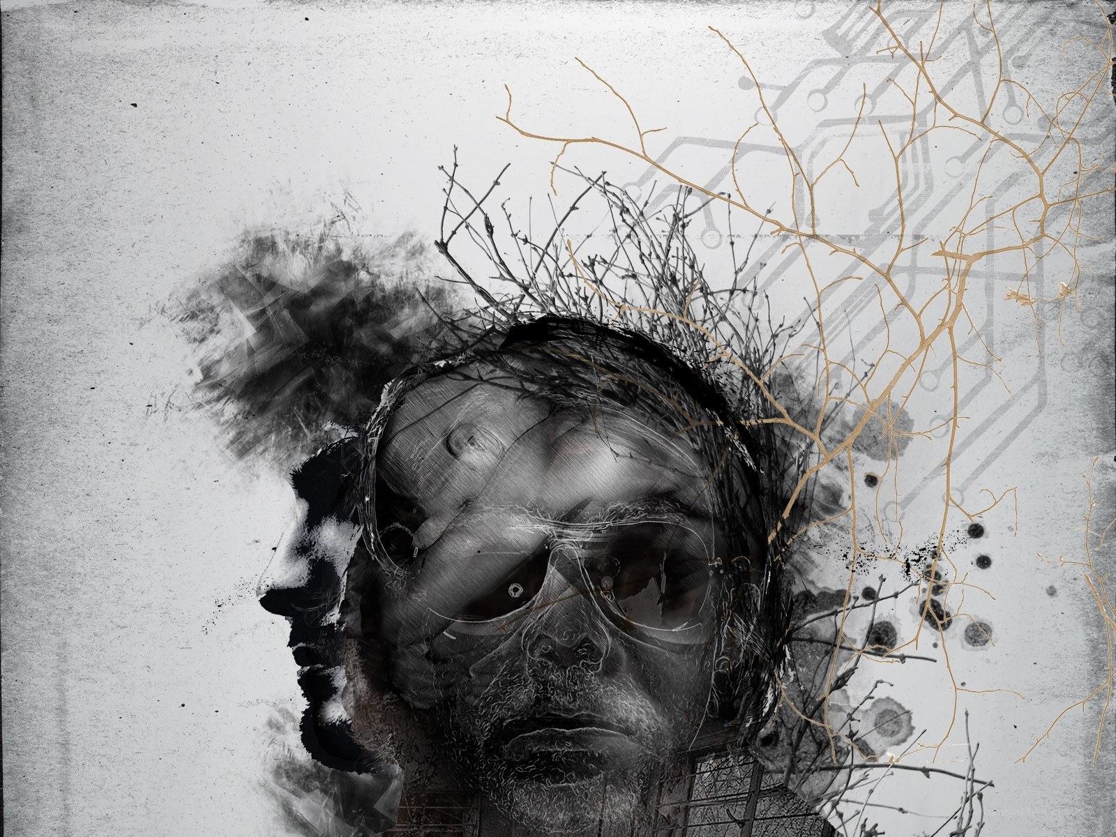 abstract portrait with circuitry and branches