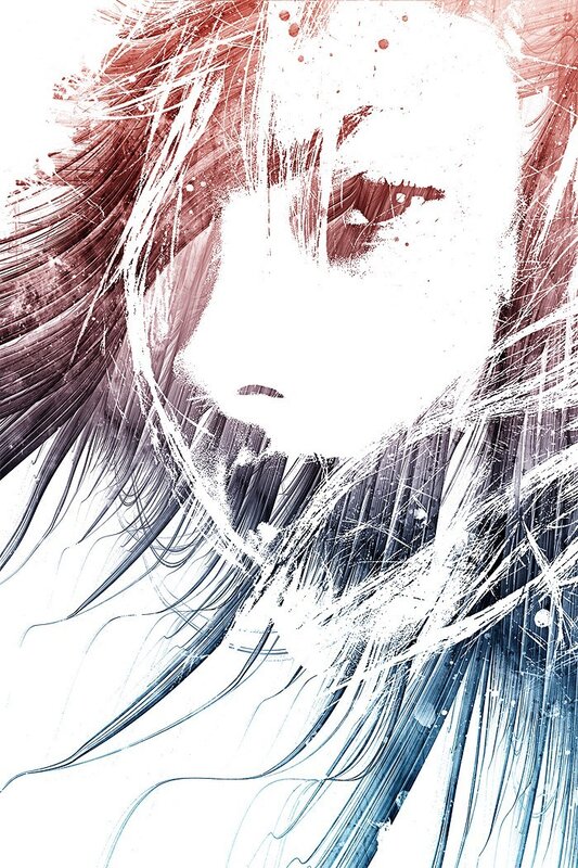 abstract portrait with red and blue hair