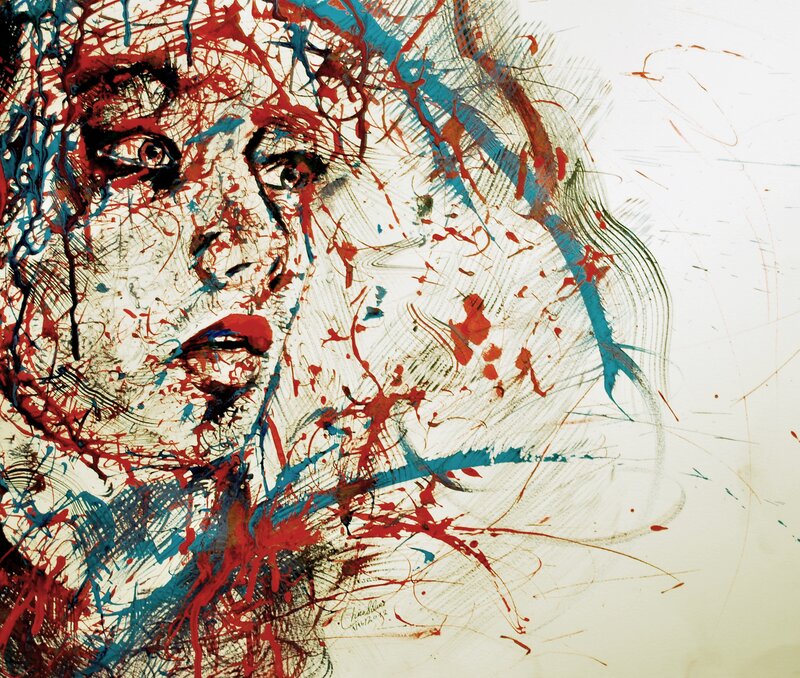 Abstract portrait with red and blue splatters