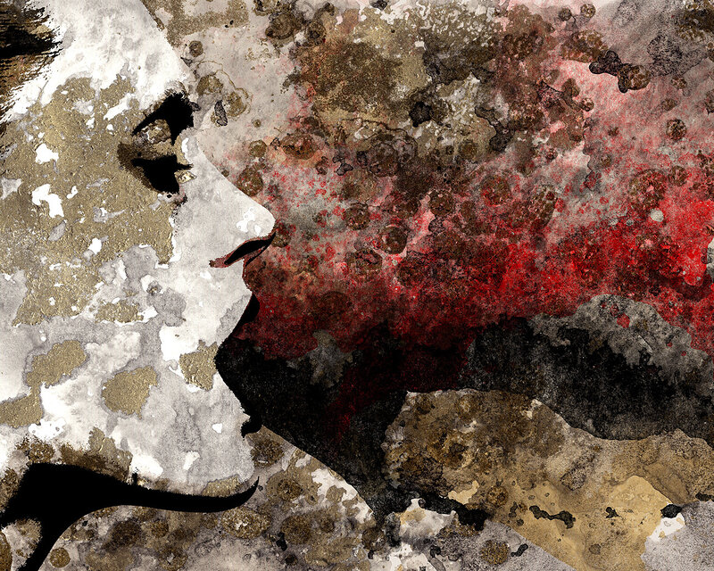 abstract portrait with red and gold