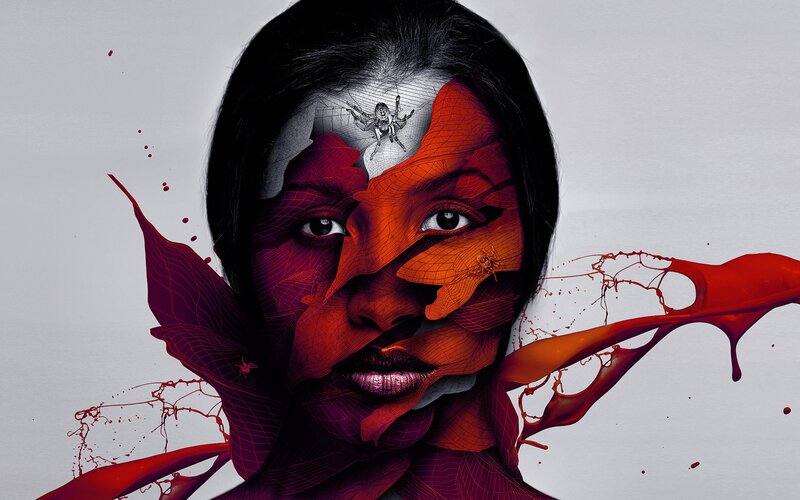 abstract portrait with red splashes