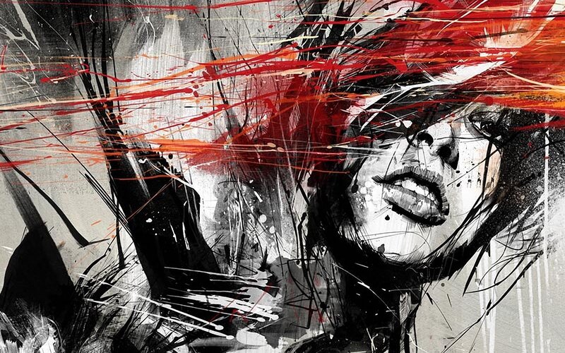 abstract portrait with red splatters