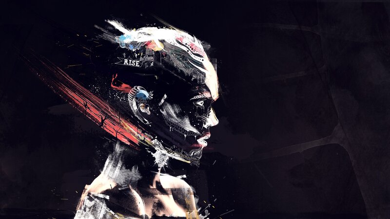 abstract portrait with 'RISE' text