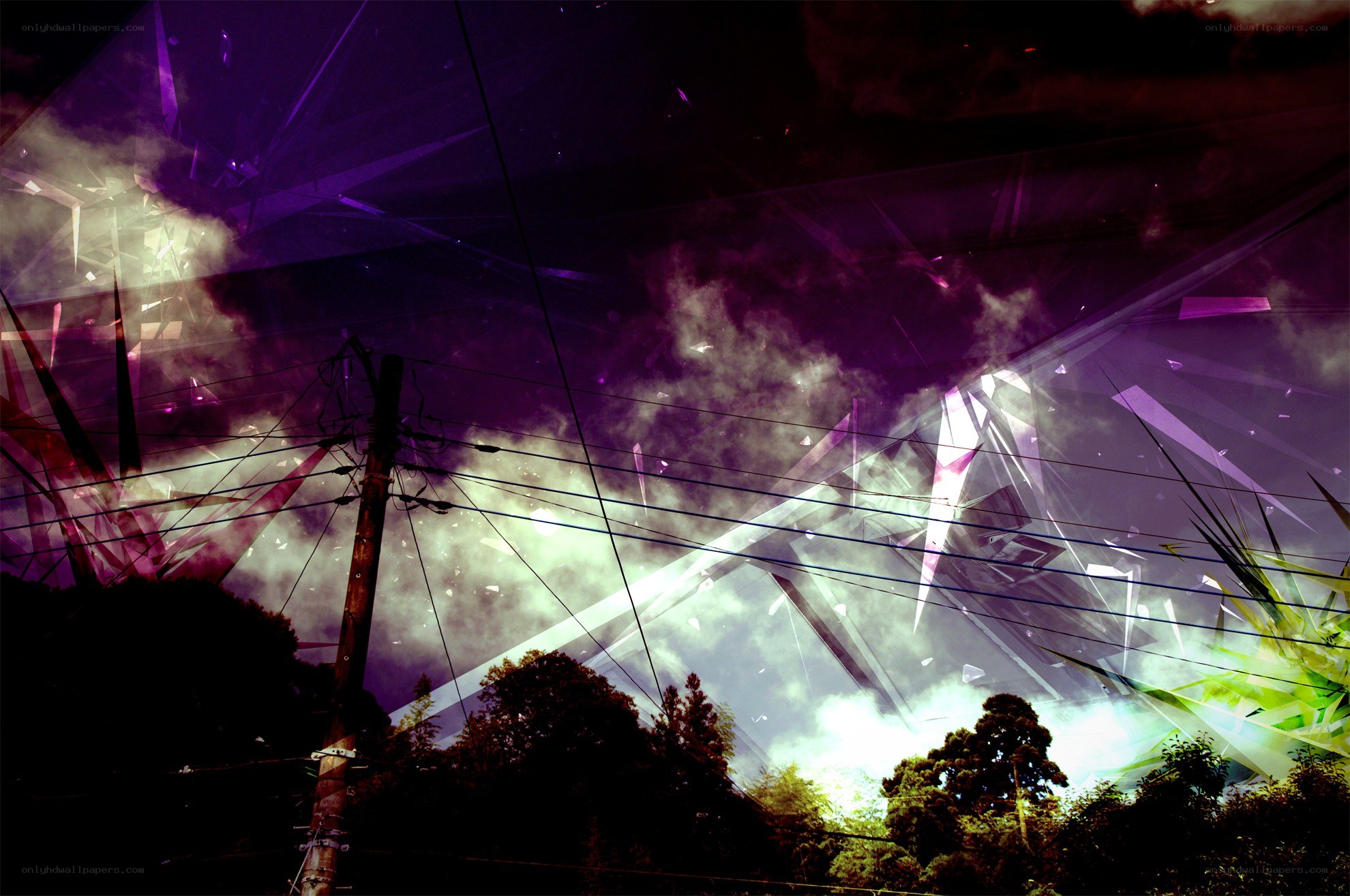 Abstract purple sky with power lines