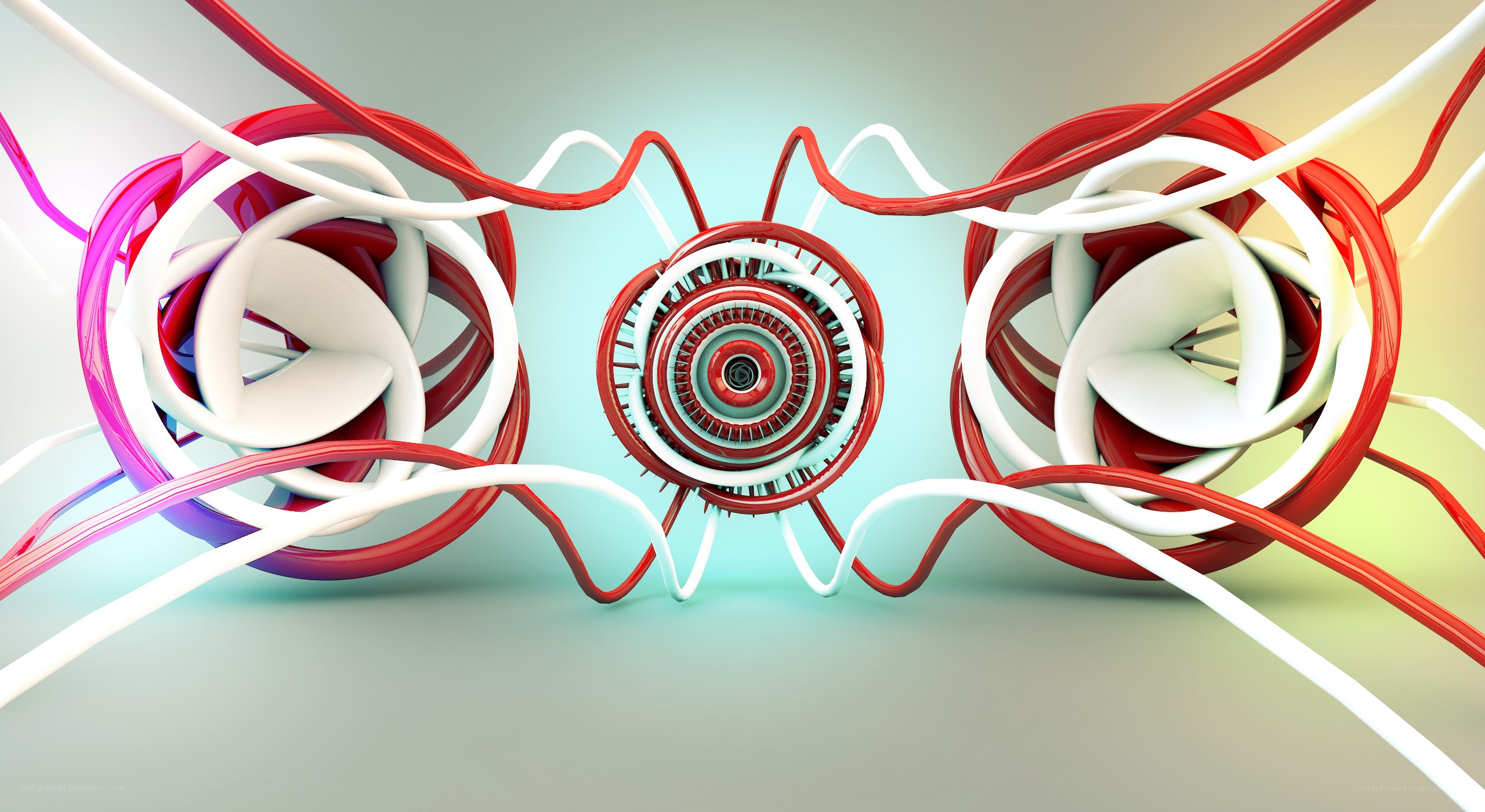 Abstract red and white cable sculpture