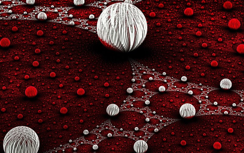 Abstract red and white fractal spheres