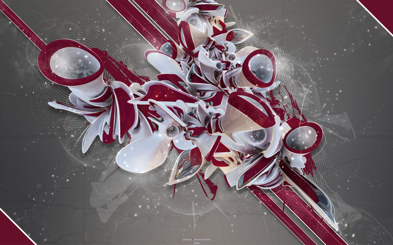 Abstract Red and White Shapes — Dynamic, Digital Art, Circles, Lines, Stars, Gray