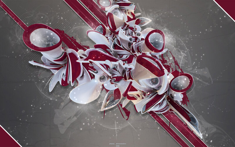 Abstract Red and White Shapes — Dynamic, Digital Art, Circles, Lines, Stars