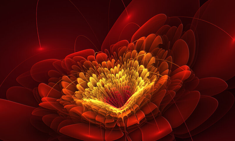 Abstract Red Flower — Dramatic, Digital Art, Petals, Light Beams