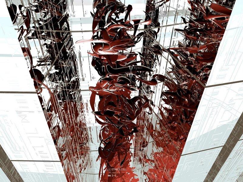 Abstract red sculpture in a mirrored space