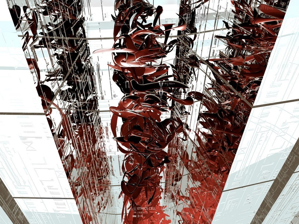 Abstract red sculpture in a mirrored space