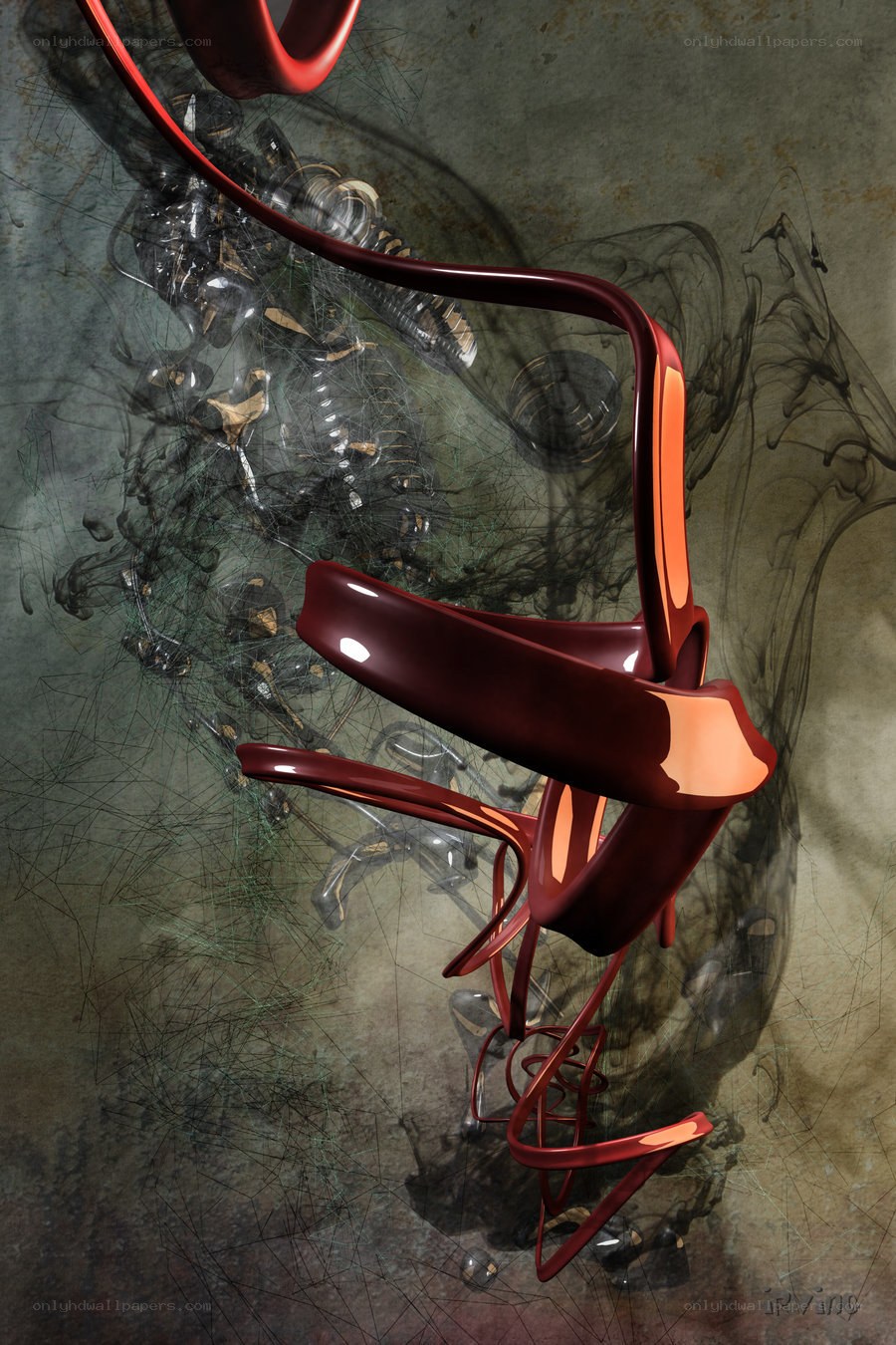 Abstract red sculpture in smoke