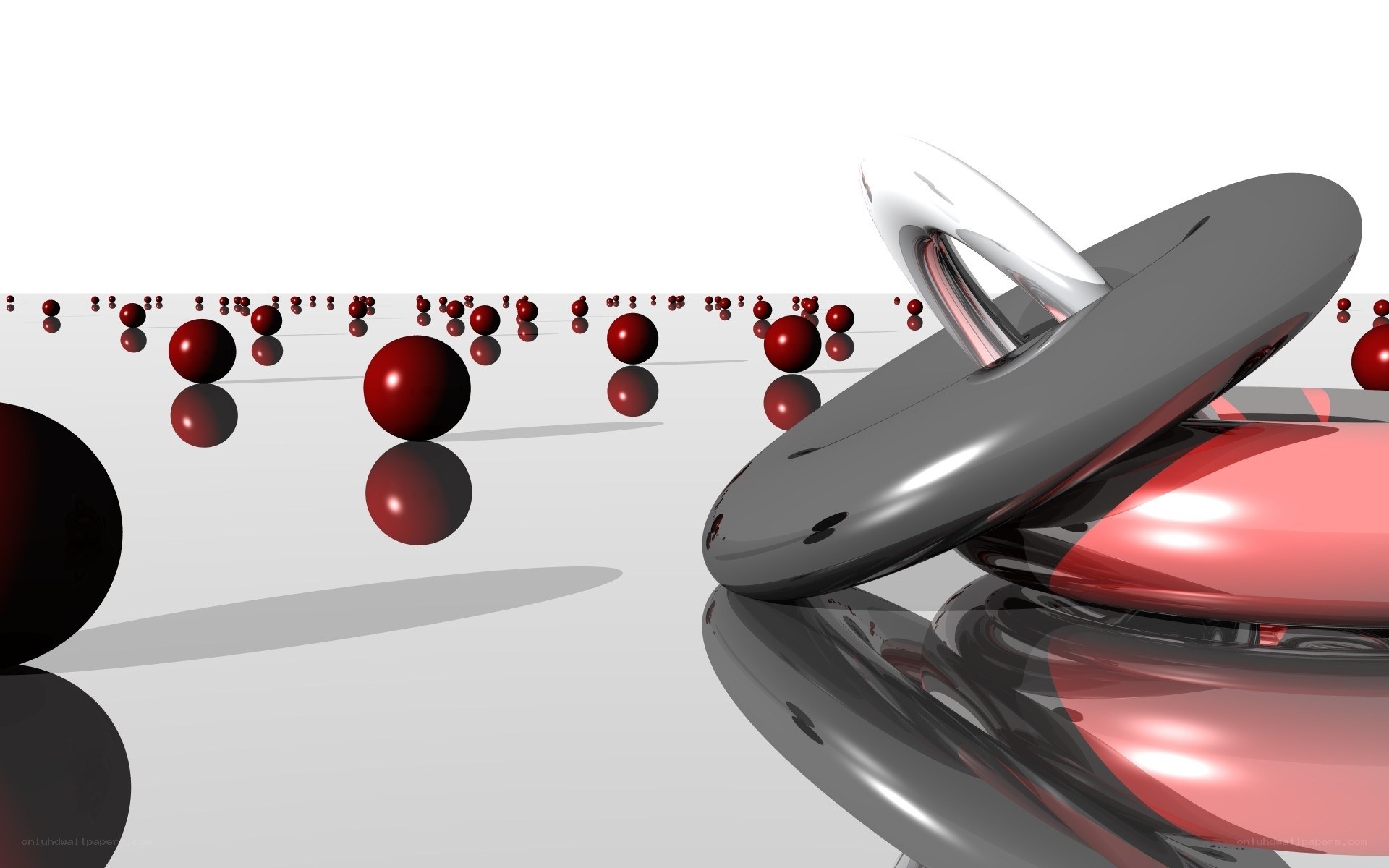 Abstract red spheres and metallic shapes