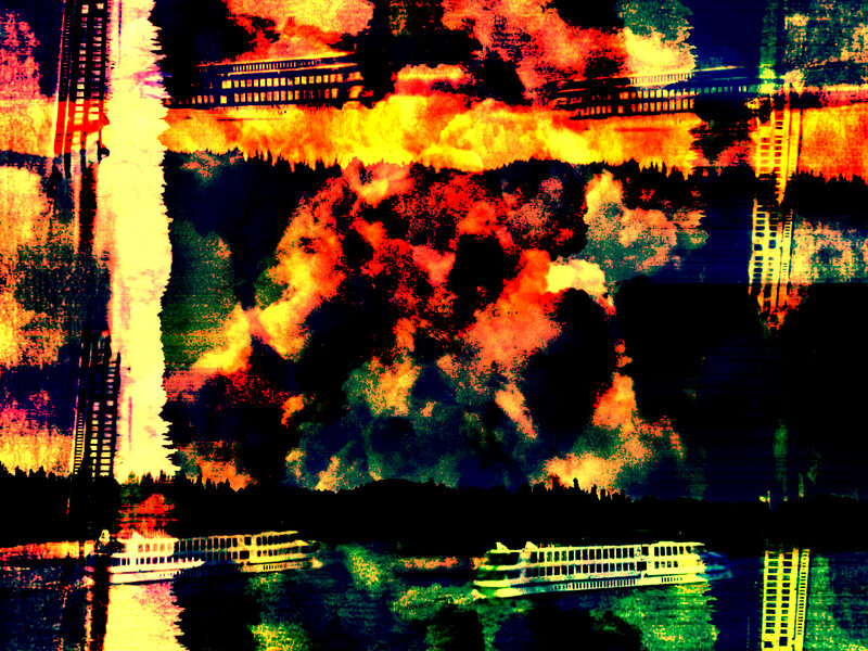abstract river scene with boats