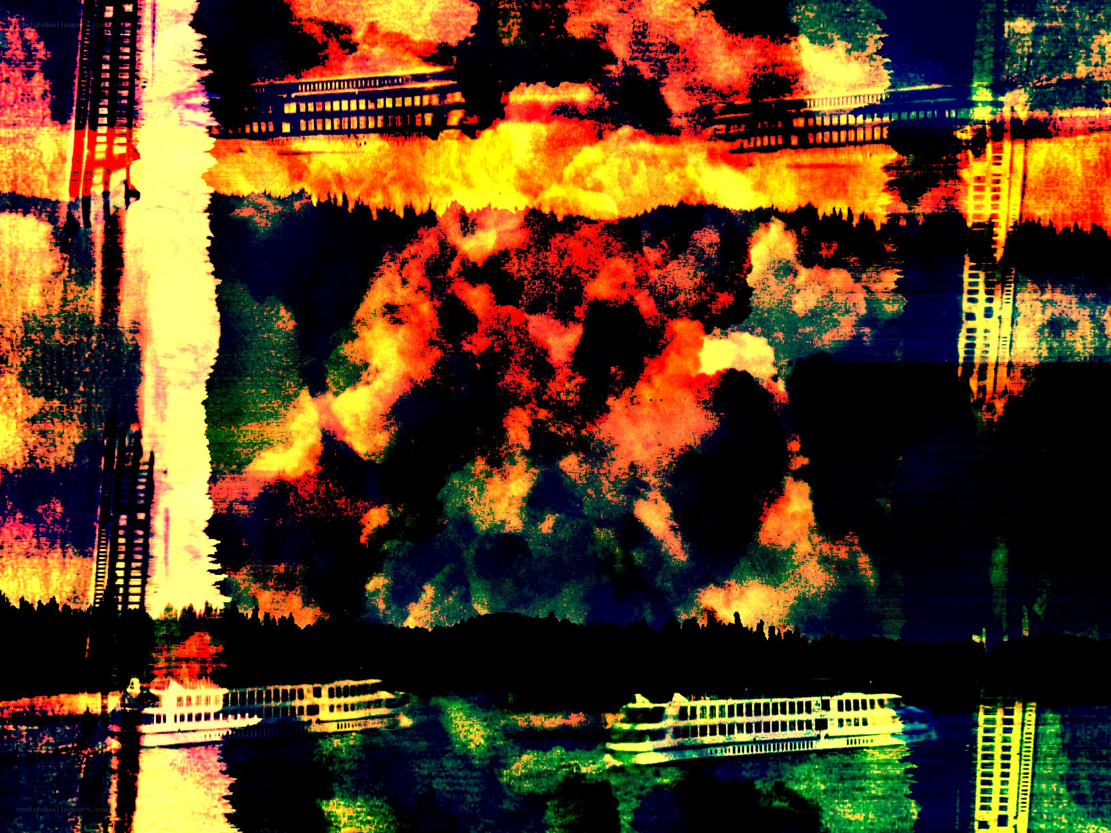 abstract river scene with boats