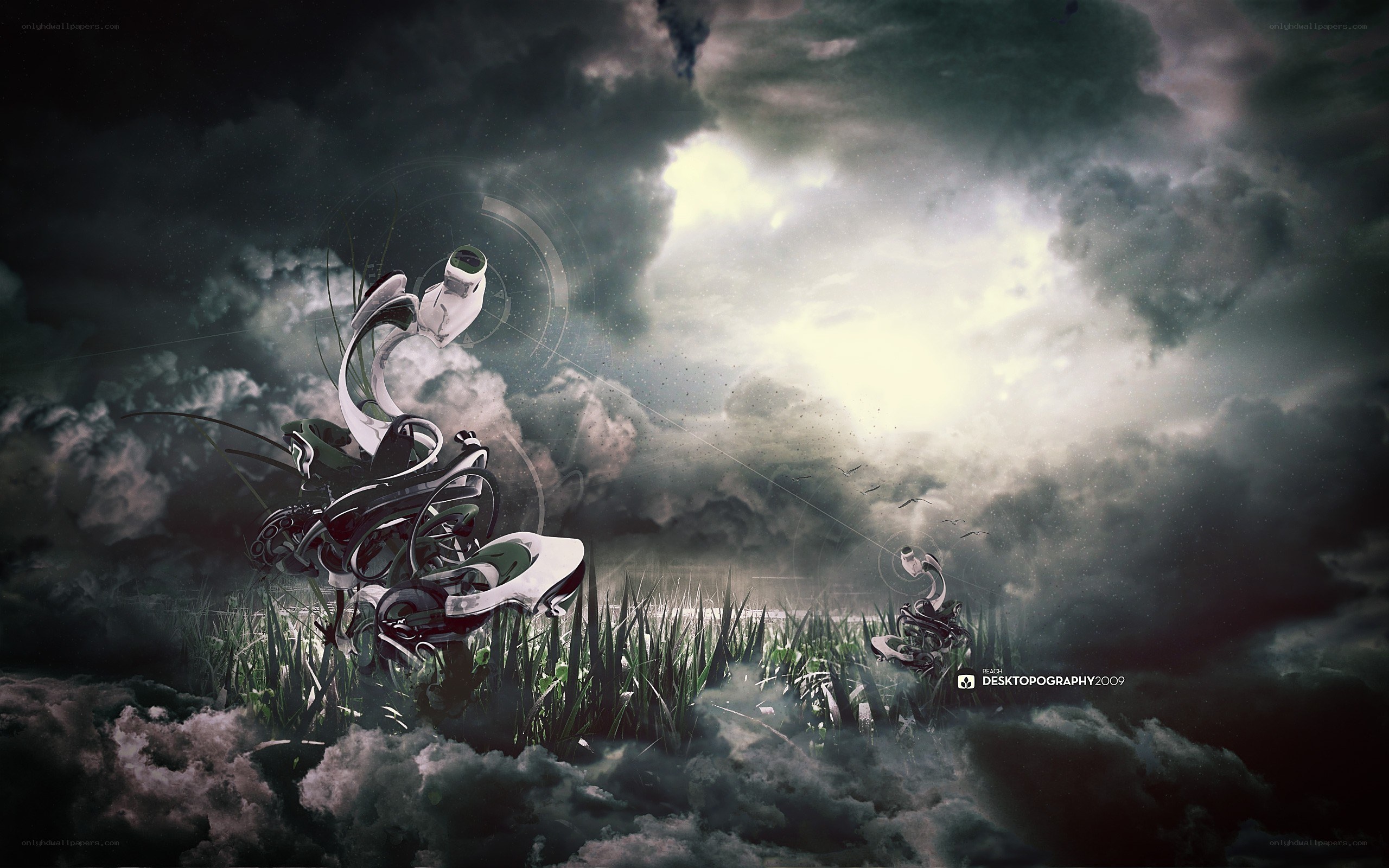 abstract robot in stormy landscape