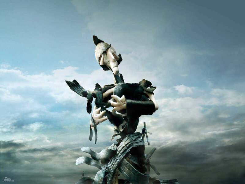 abstract sculpture against cloudy sky