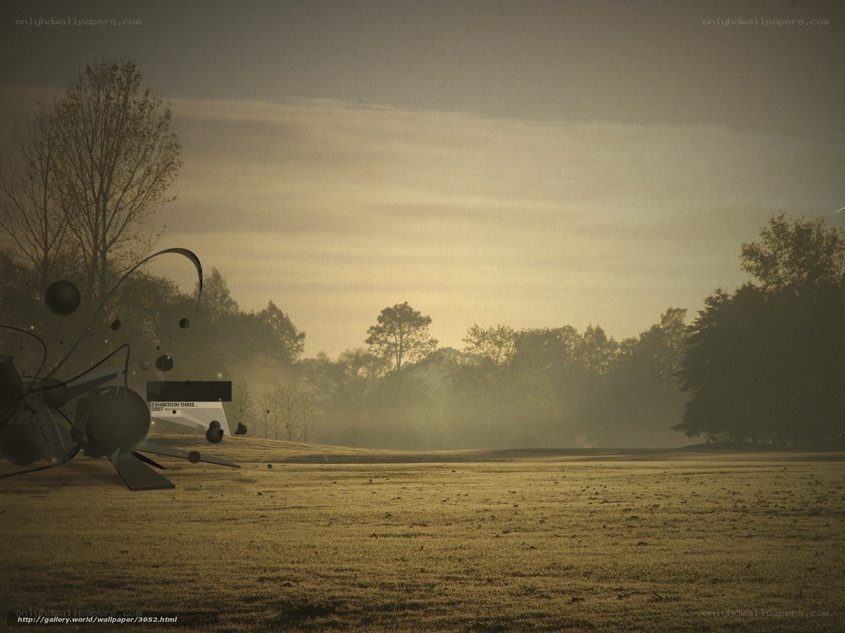 Abstract sculpture in a misty field