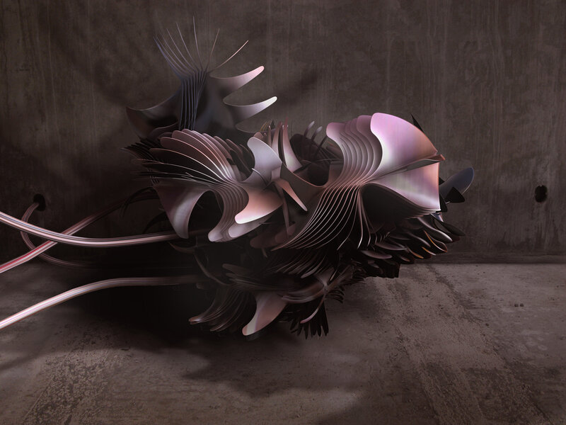 Abstract sculpture in concrete room