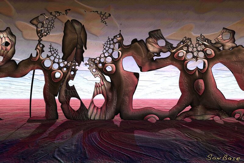 abstract sculpture in surreal landscape