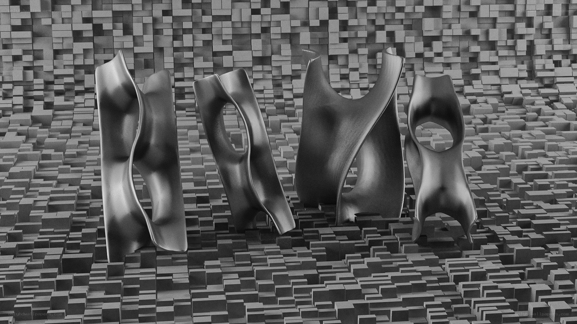 Abstract sculptures on a blocky surface
