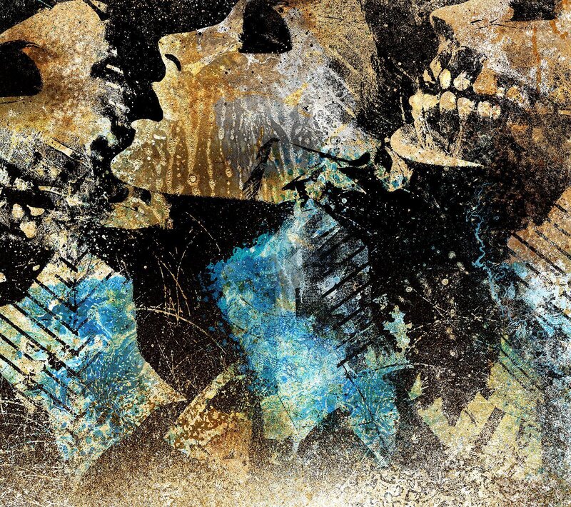 abstract skull and blue splatter art