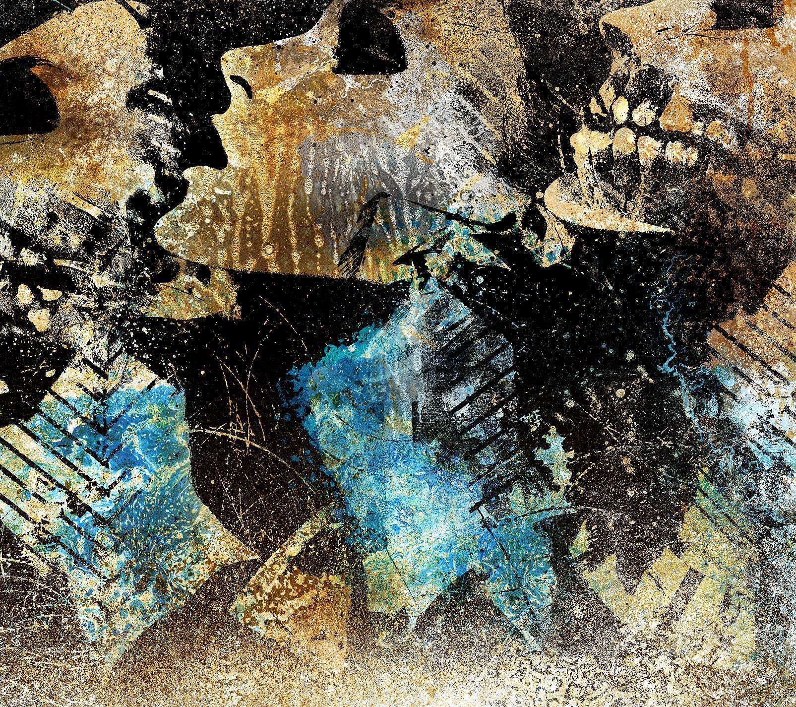 abstract skull and blue splatter art