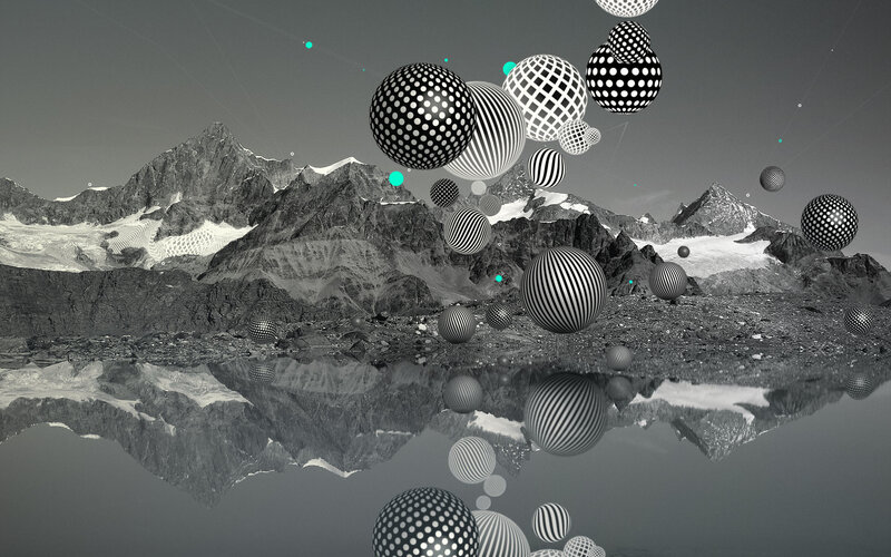 abstract spheres over mountain lake