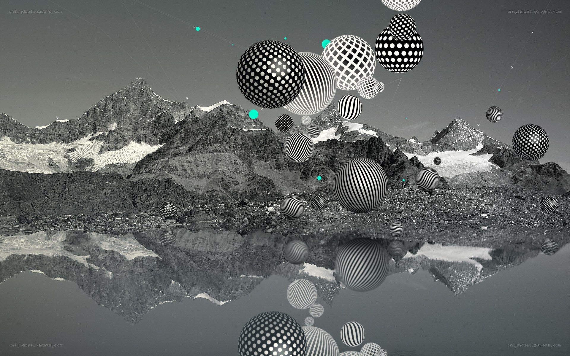 abstract spheres over mountain lake