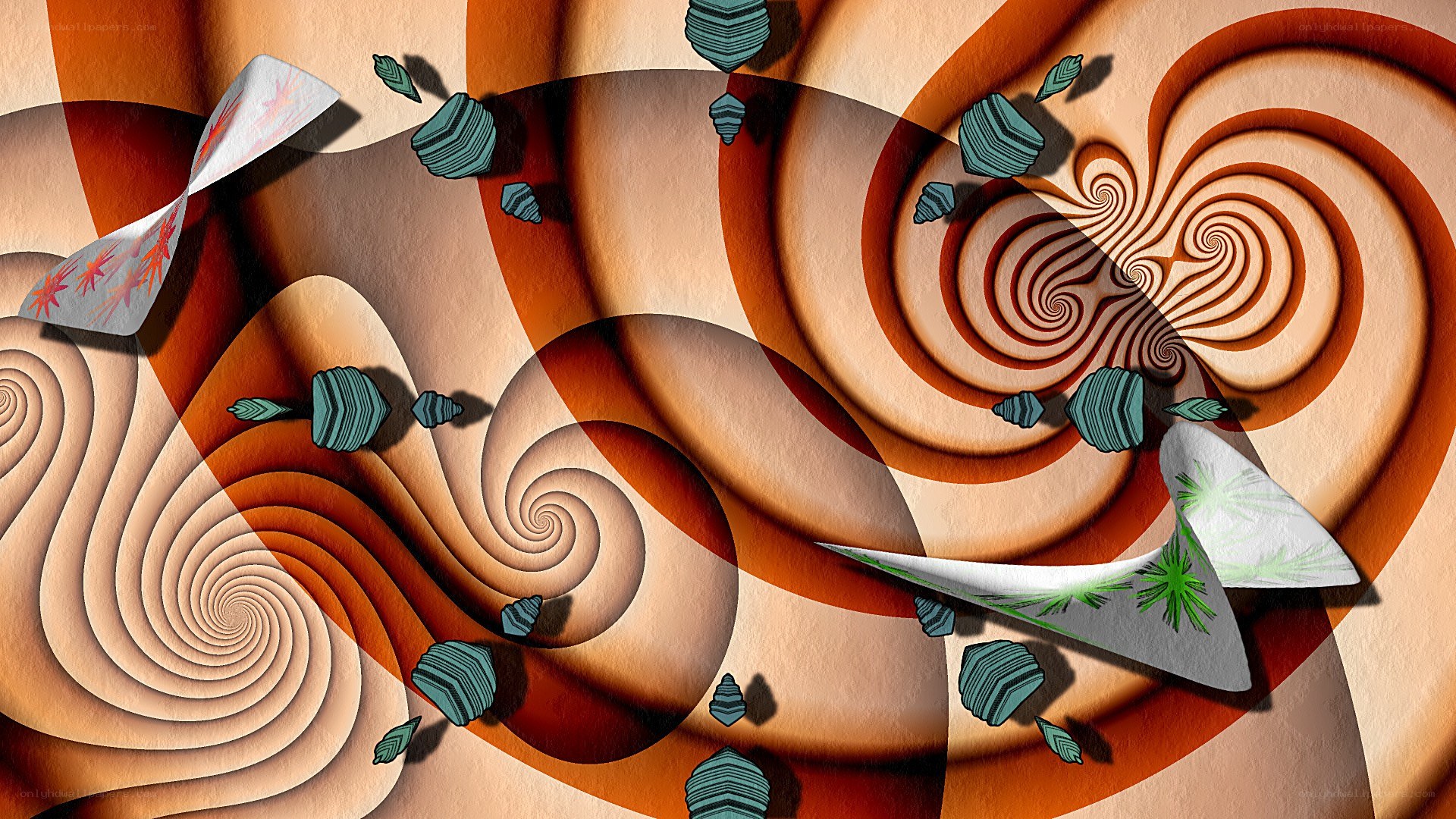 Abstract spiral art with floating shapes