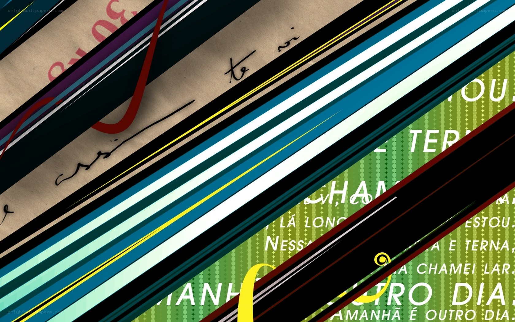 Abstract text collage with diagonal lines