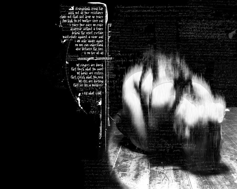 abstract text collage with hand
