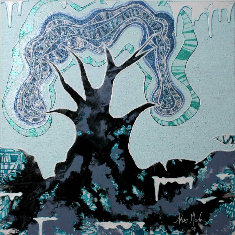 Abstract tree with blue and black swirls
