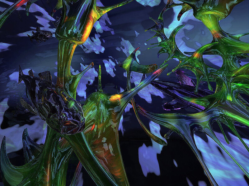 Abstract underwater scene with glowing fish