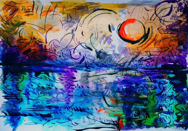 Abstract Watercolor Landscape — Blue, Dramatic