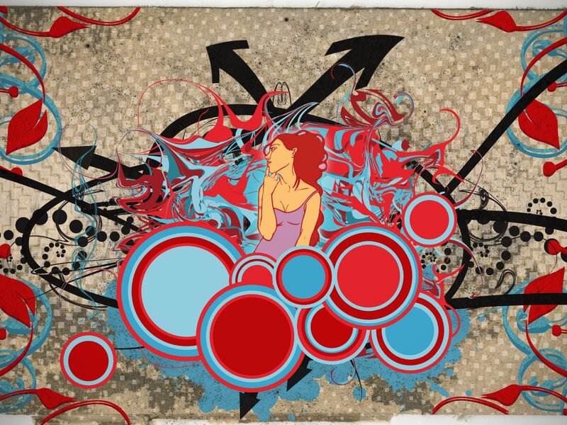 abstract woman with red and blue swirls