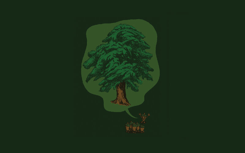 acorn characters and tree thought bubble