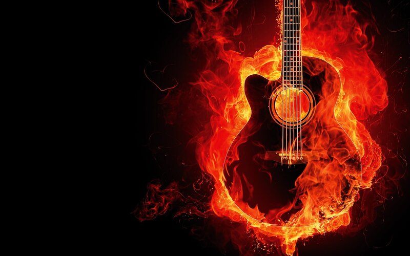 Acoustic Guitar in Flames — Black, Dramatic