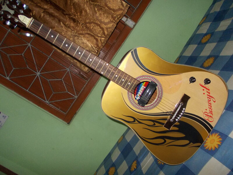 Acoustic Guitar on Bed — Blue