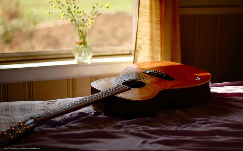 Acoustic Guitar on Bed — Brown, Serene, Afternoon