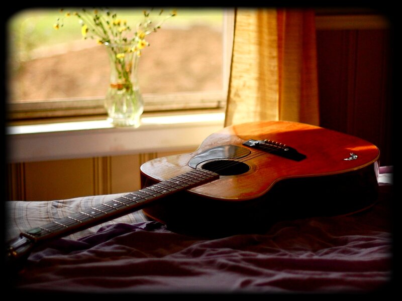 Acoustic Guitar on Bed — Brown, Serene