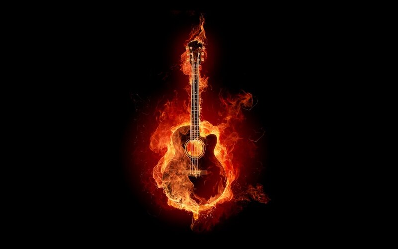 Acoustic Guitar on Fire — Black, Dramatic, Digital Art, Flames, Dark Background, Orange