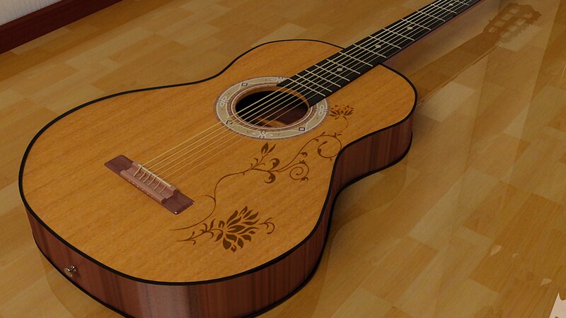 acoustic guitar on wooden floor