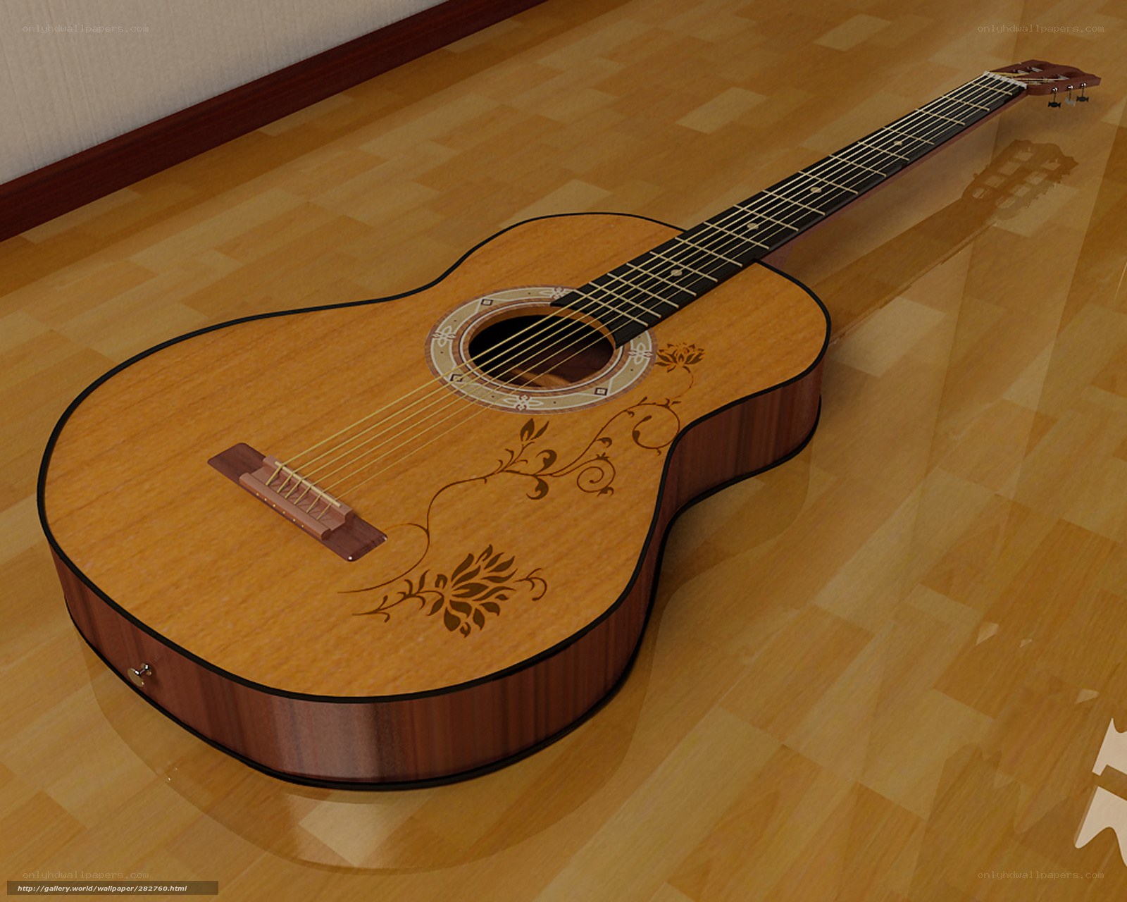 acoustic guitar on wooden floor